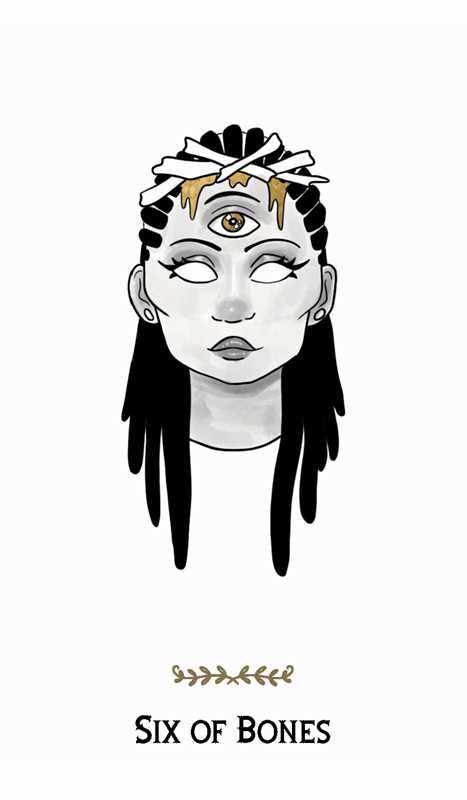 Illustration of a character with black hair and white face, wearing a headband with an eye symbol, on a white background.