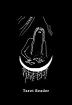 Illustration of a tarot reader with cards on a black background, featuring the text 'Tarot Reader'.
