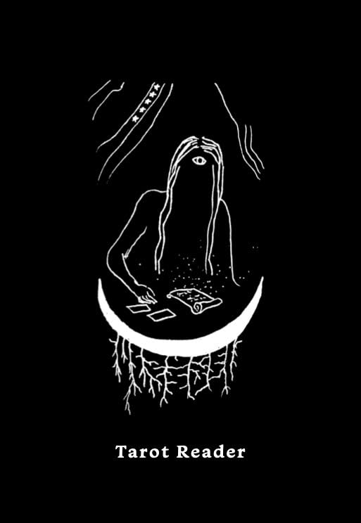 Illustration of a tarot reader with cards on a black background, featuring the text 'Tarot Reader'.