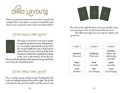 Page from a book about card layouts for oracle card readings, showing text and card images.