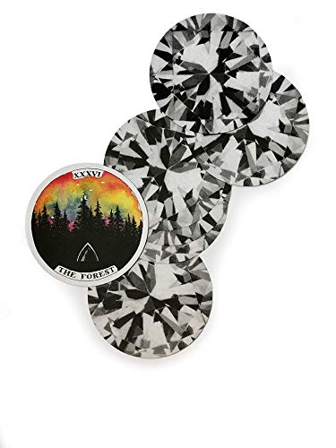 Three diamond-like objects with a central disc featuring 'The Forest' design on a white background