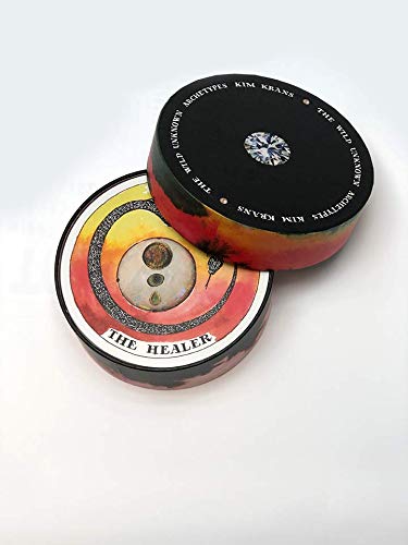 Colorful lip balm container with 'The Healer' text on a white background