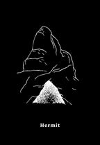 Black and white illustration of a mountain with 'Hermit' text on a black background