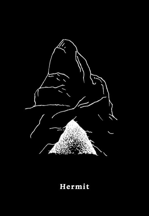 Black and white illustration of a mountain with 'Hermit' text on a black background