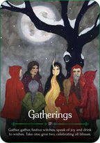 Illustration of people in red cloaks around a fire with a moonlit night sky.
