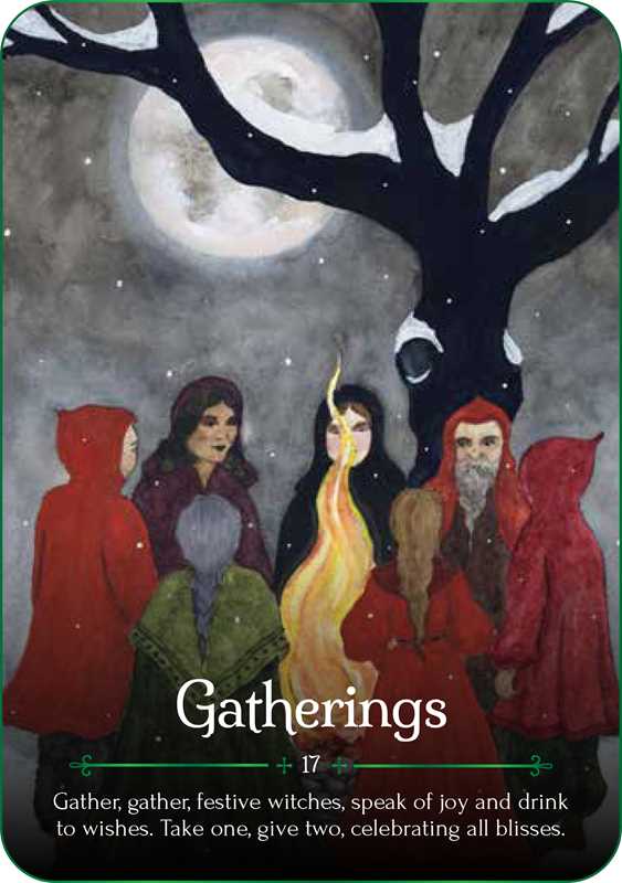Illustration of people in red cloaks around a fire with a moonlit night sky.