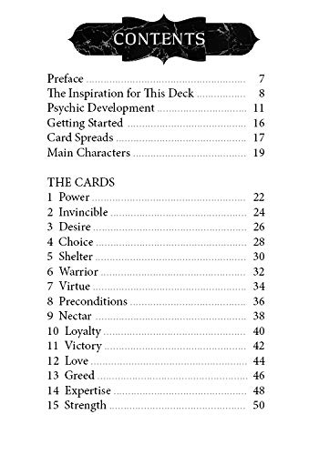 Table of contents for a deck with card names and page numbers.