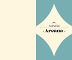 A minimalist graphic design featuring the text 'MINOR Arcana' in black serif font, centered within a cream-colored diamond shape with teal-blue curved corner sections. The left side of the image is a solid cream background.