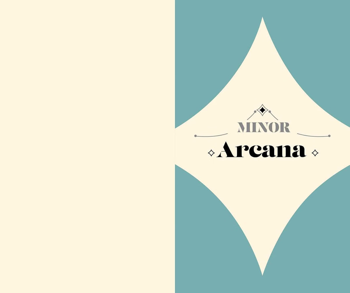 A minimalist graphic design featuring the text 'MINOR Arcana' in black serif font, centered within a cream-colored diamond shape with teal-blue curved corner sections. The left side of the image is a solid cream background.