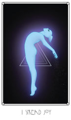 Glowing blue figure with a triangle on a dark background, accompanied by the text 'I Spread Joy'.