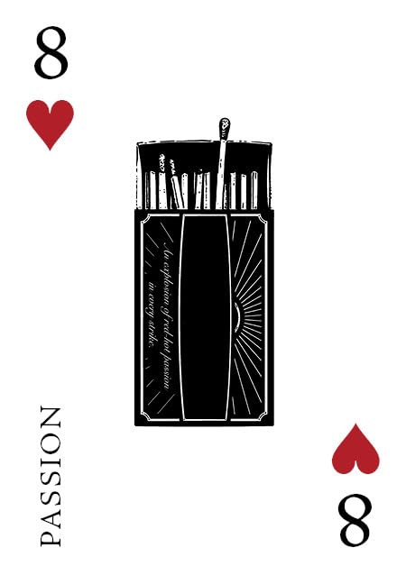 Playing card design with a makeup brush set and text on a white background