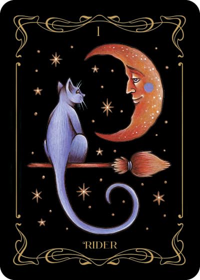 Tarot card featuring a cat, crescent moon, and broomstick with decorative border and stars.