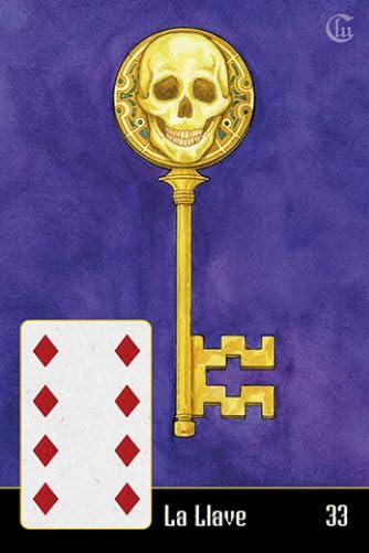 Gold key with skull design on a purple background, resembling a tarot card.