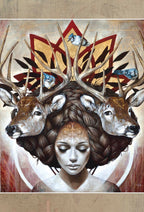 Artistic depiction of a woman with deer heads and antlers in her hair, surrounded by abstract elements.