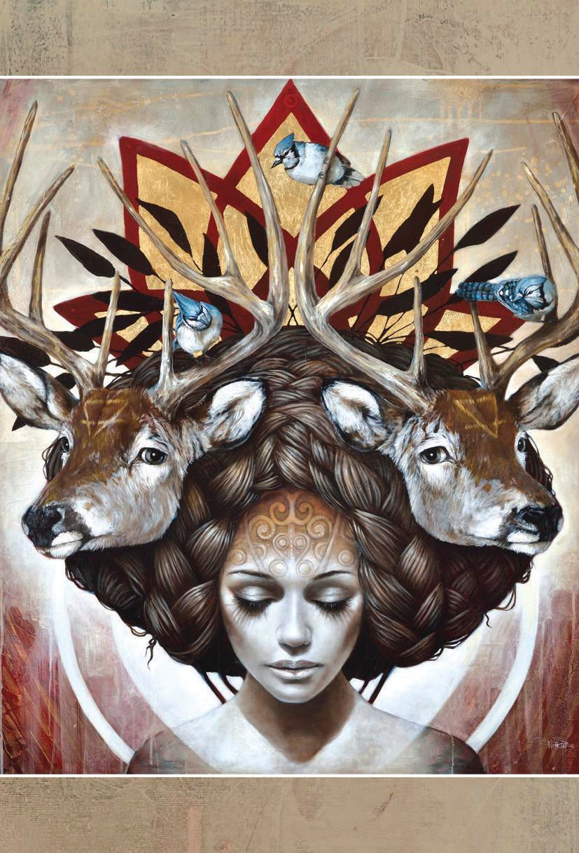 Artistic depiction of a woman with deer heads and antlers in her hair, surrounded by abstract elements.