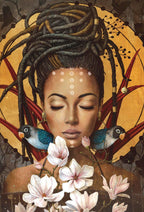 Artistic depiction of a woman with braided hair, birds, and flowers against an orange background