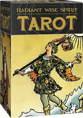 Tarot card box with a stylized illustration of a figure holding a sword and a rose, titled 'Radiant Wise Spirit Tarot'.