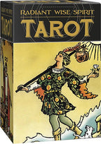 Tarot card box with a stylized illustration of a figure holding a sword and a rose, titled 'Radiant Wise Spirit Tarot'.