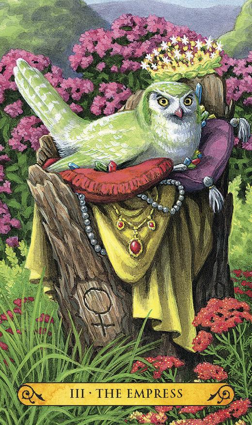Card featuring an owl with a crown and robes, surrounded by flowers and plants, labeled 'The Empress'.