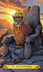 Illustrated tarot card titled 'IV - THE EMPEROR' showing a crowned owl seated on a stone throne with a sunburst behind it, rocks and ram heads in the foreground, and a gold banner at the bottom.