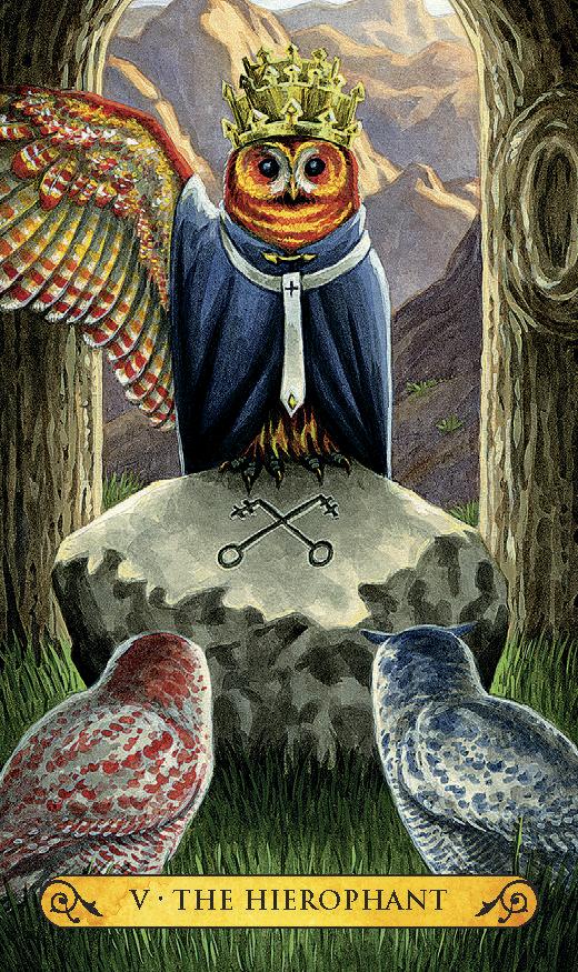 Card from a tarot deck featuring an owl in a robe with a crown, standing on a stone with two birds below.