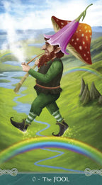 Cartoon character with a red beard, green outfit, and pink hat standing on grass with a rainbow in the background.