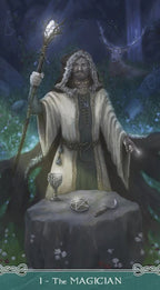Tarot card featuring a figure labeled 'The Magician' with mystical elements.