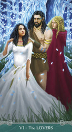 Three people in fantasy attire standing in a mystical forest setting, with 'The Lovers' card text at the bottom.