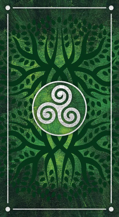 Green and white design with a central triskele symbol on a green background