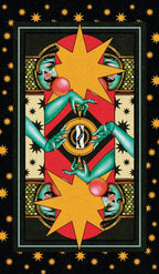Colorful tarot card with star and faces design on a black background with yellow stars.