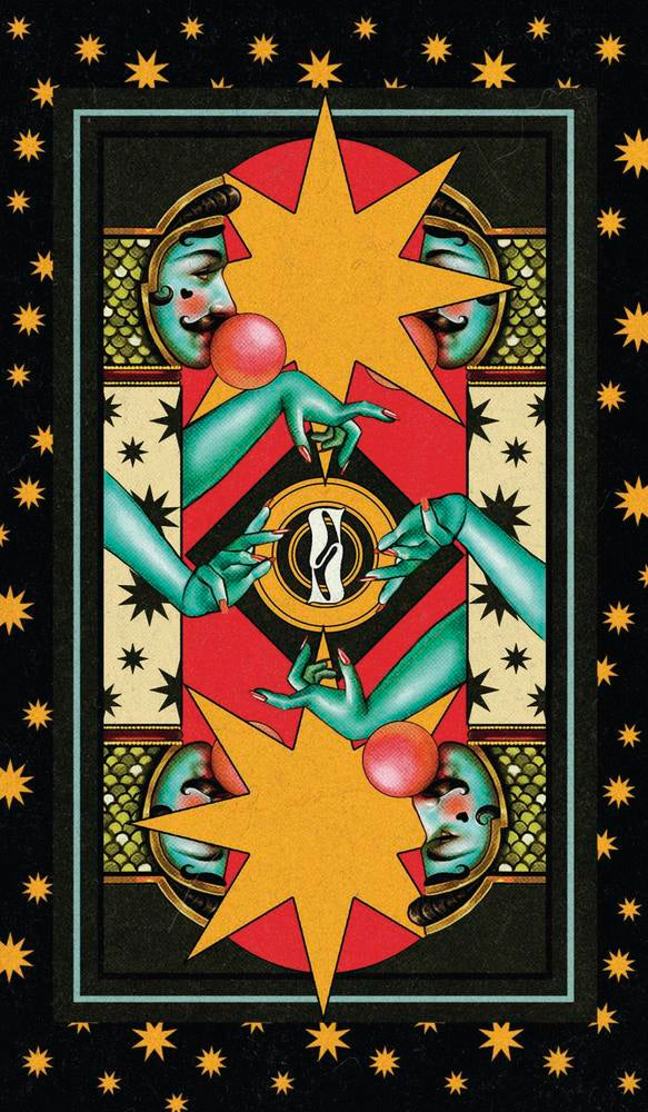 Colorful tarot card with star and faces design on a black background with yellow stars.