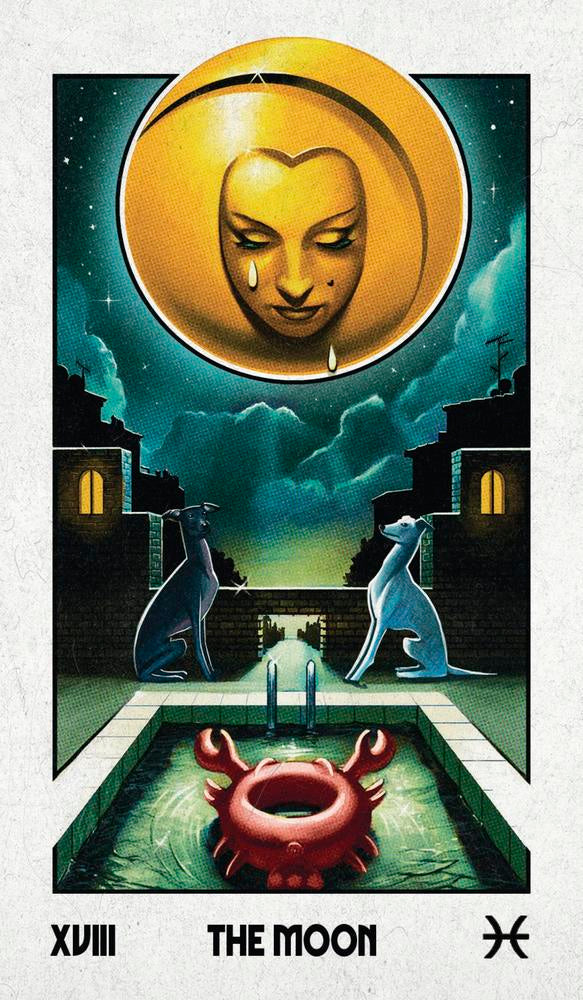 Tarot card 'The Moon' with a face in a moon circle and two animals by a pool.