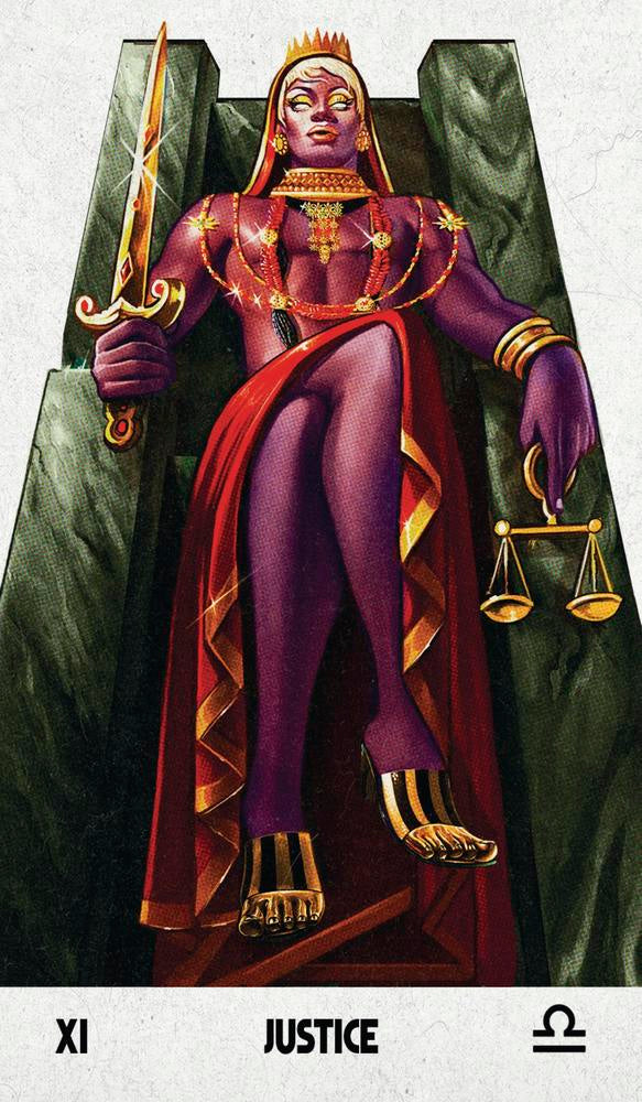 Tarot card featuring a figure holding a sword and scales, labeled 'Justice'.