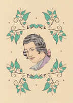 Vintage-style illustration of a profile with decorative elements on a beige background. The back side of the Casanova Oracle Deck.