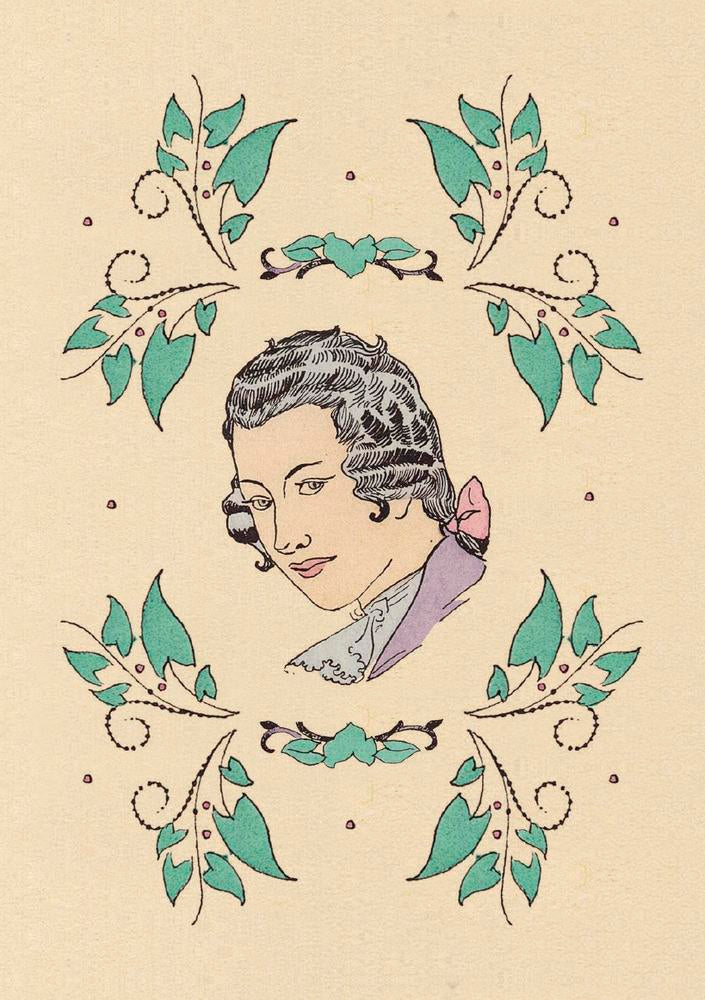 Vintage-style illustration of a profile with decorative elements on a beige background. The back side of the Casanova Oracle Deck.