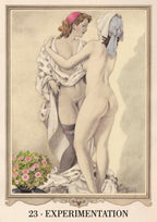 Artistic depiction of two nude figures with a flower arrangement, labeled '23 - Experimentation'.