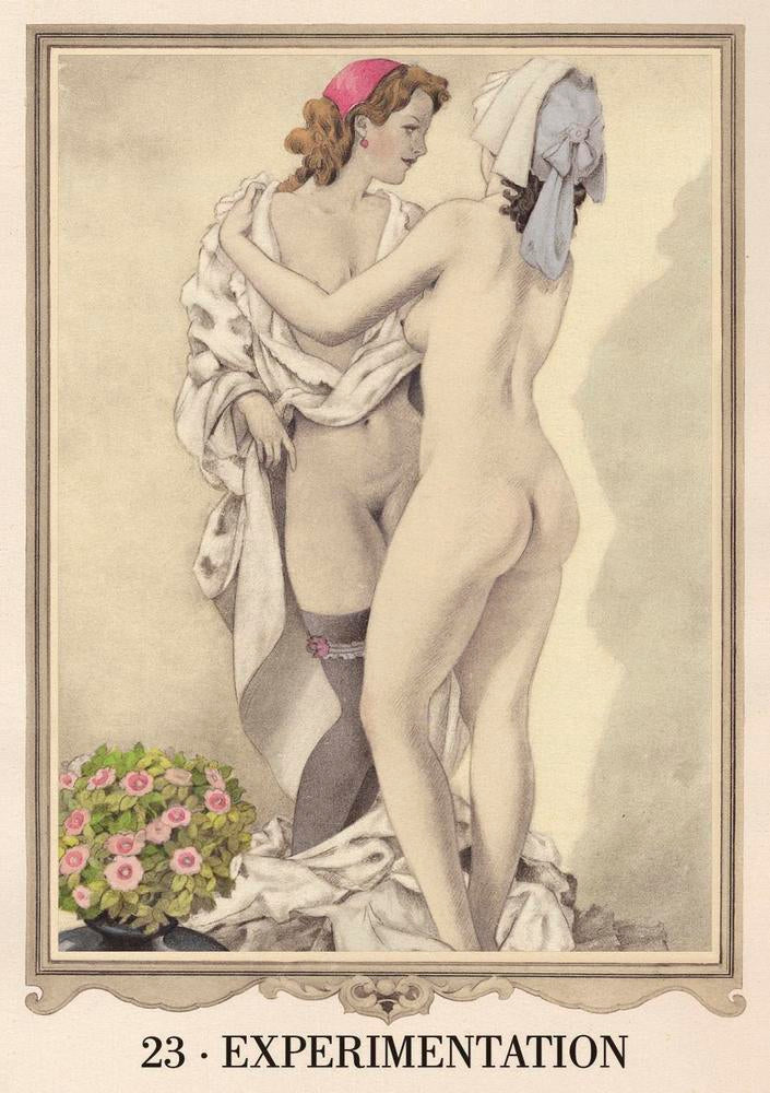 Artistic depiction of two nude figures with a flower arrangement, labeled '23 - Experimentation'.