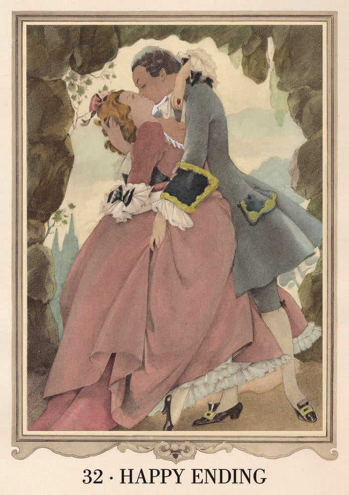 Vintage-style illustration of a couple embracing with '32 - Happy Ending' text.