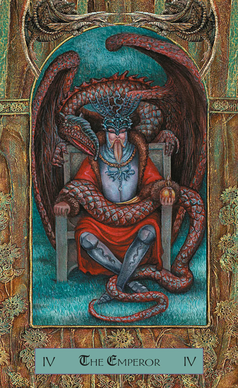 Tarot card featuring 'The Emperor' with intricate design and color.