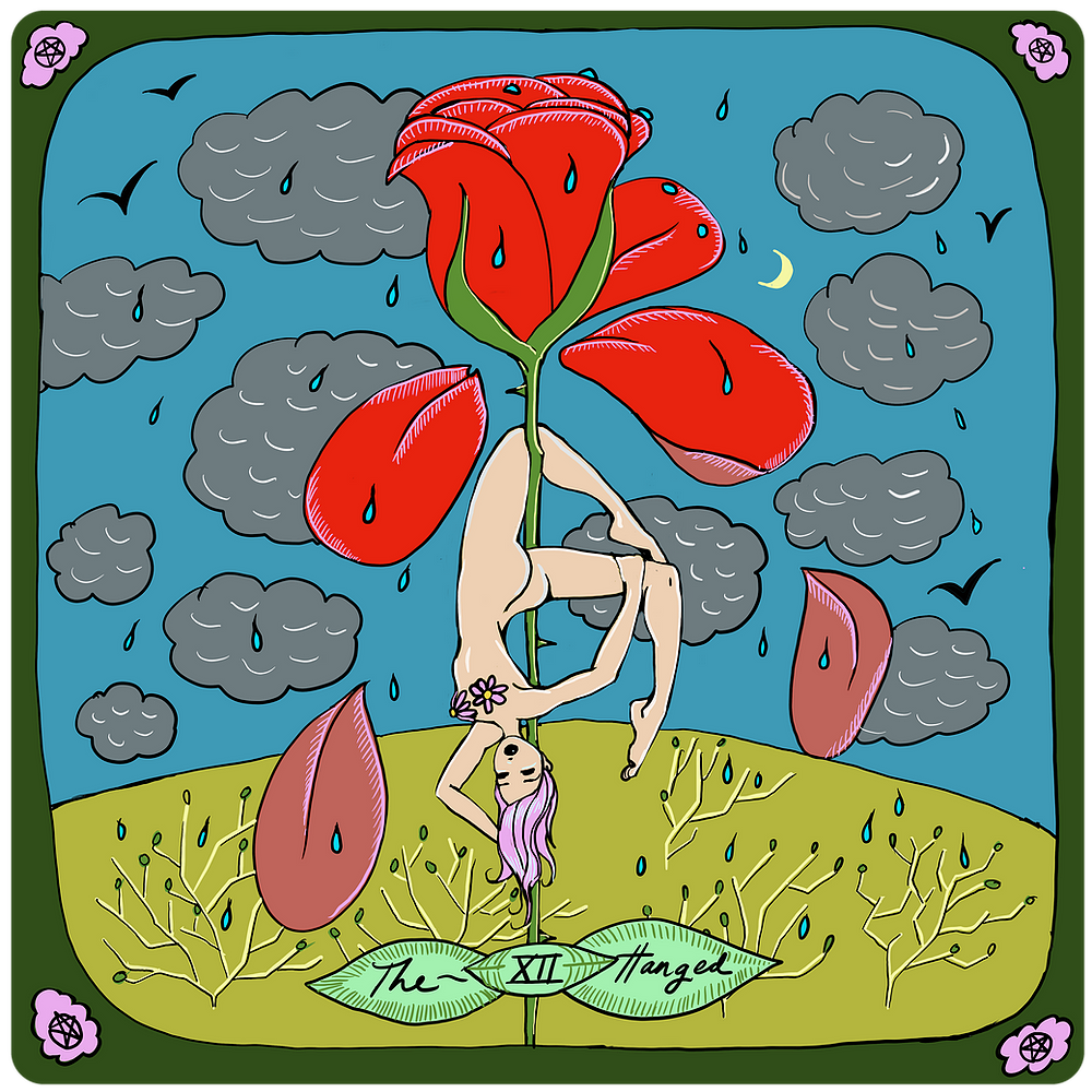Illustration of a person climbing a red flower with clouds and a moon in the background, labeled 'The XII Magician'.