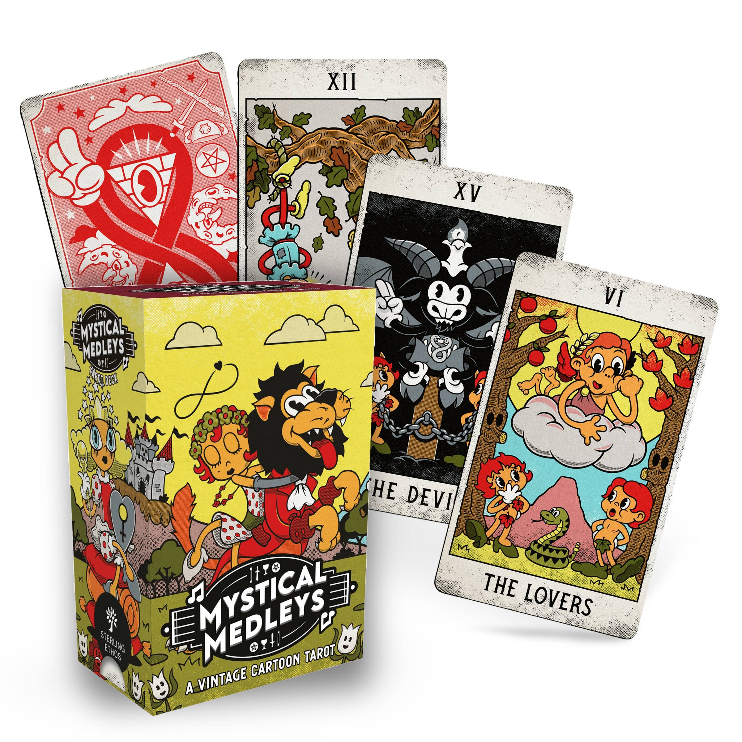 Mystical Medleys vintage cartoon card set with deck and cards displayed.