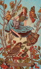 Vintage-style illustration of a woman in a forest with animals, featuring the tarot card 'The Chariot'.