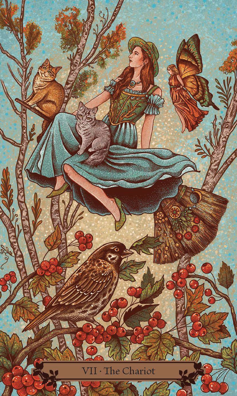 Vintage-style illustration of a woman in a forest with animals, featuring the tarot card 'The Chariot'.