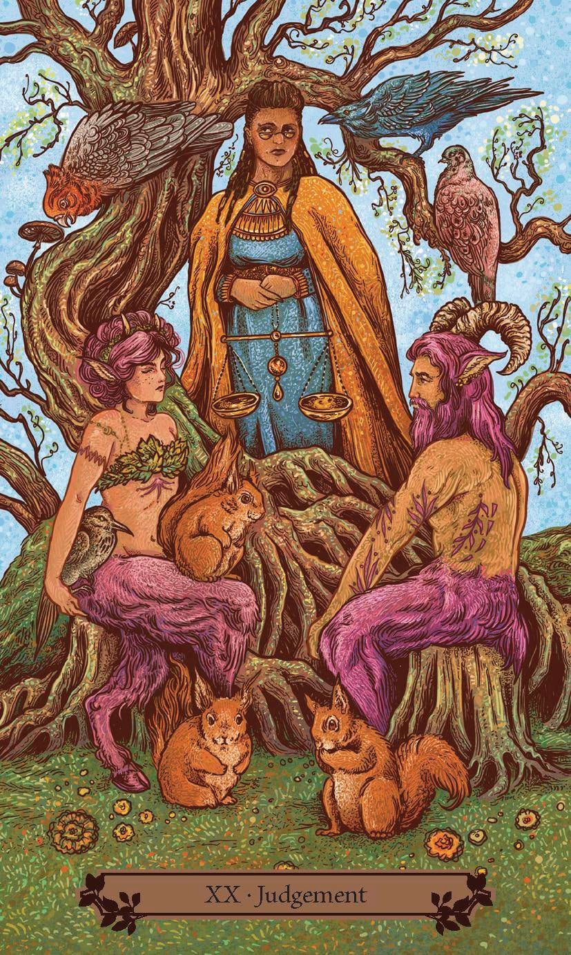 Tarot card titled 'Judgement' featuring three figures and animals around a tree.