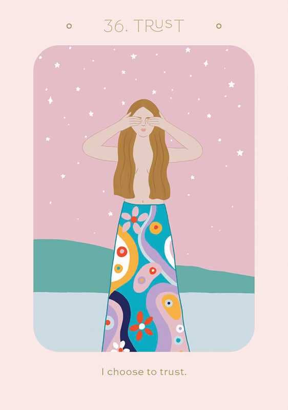 Illustration of a woman with long brown hair and a colorful dress on a pink background with stars, labeled 'Trust'.