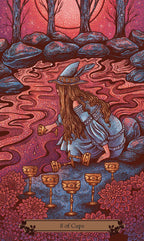 Card featuring a witch in a mystical forest with wavy ground and flowers, labeled '8 of Cups'.