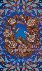Decorative design with flowers, birds, and intricate patterns on a blue background
