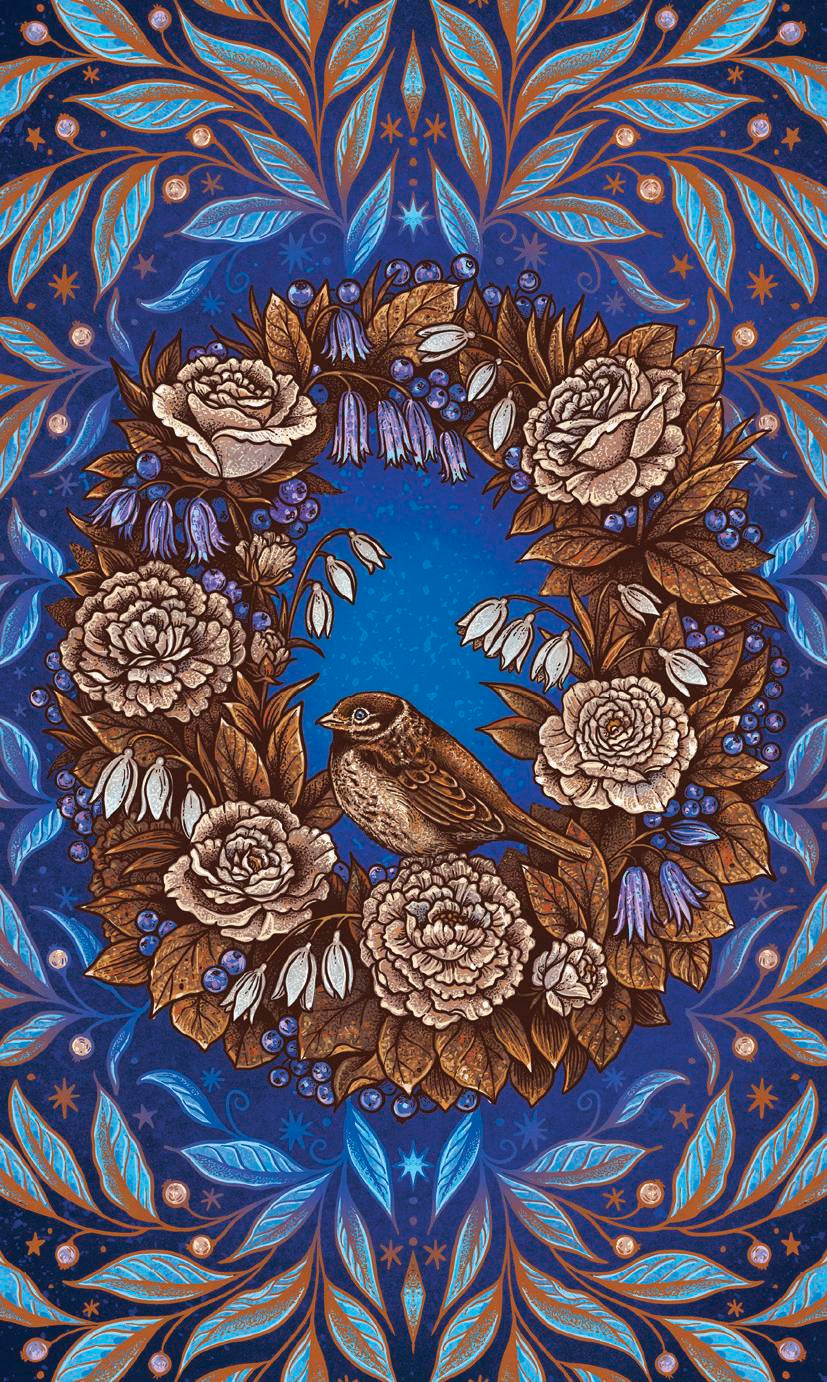 Decorative design with flowers, birds, and intricate patterns on a blue background