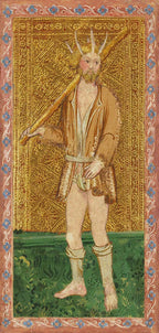 Medieval-style illustration of a bearded figure with a staff against a gold and green background