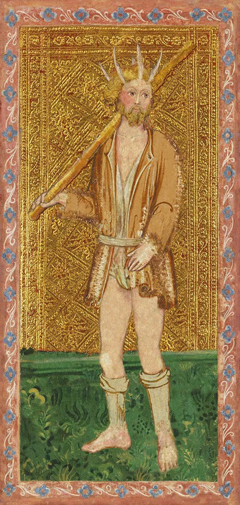 Medieval-style illustration of a bearded figure with a staff against a gold and green background
